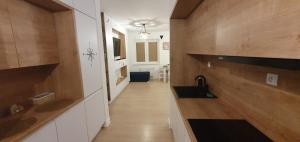 a kitchen with a sink and wooden walls and a hallway at Apartament AHOJ!!- Giżycko/ Wilkasy in Wilkasy