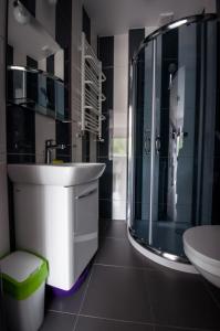 a bathroom with a sink and a glass shower at Noclegi Pobierowo NATALIA - przy morzu in Pobierowo +39 photos