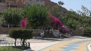 a person sitting on a bench in a park with pink flowers at Estudio La Colonia in Águilas