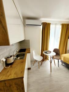 a kitchen with a sink and a table in a room at Apartamenty Dolce Vita in Ostrowo