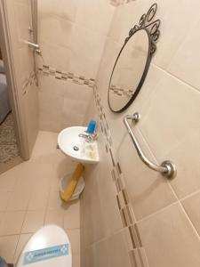 uma casa de banho com um lavatório, um espelho e um WC. em Hotel Pamela em Rimini
