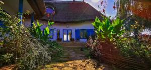 a house with a blue and white at 5 Chirpici - Small Traditional Resort in Murighiol