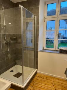 ein Badezimmer mit Dusche mit Glastür in der Unterkunft Weingut Gästehaus Bach in Cochem