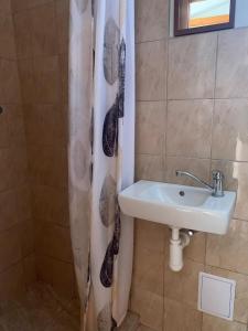 a bathroom with a sink and a shower curtain at Ranč pod Babicou in Bojná