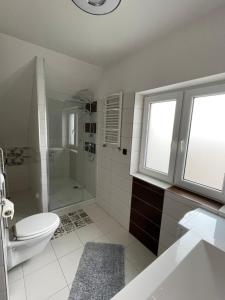 a bathroom with a shower and a toilet and a sink at Mieszkanie Giżycko in Giżycko