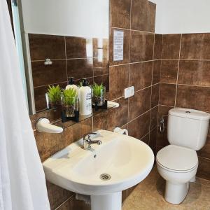 a bathroom with a sink and a toilet and a mirror at Hostal Playa de Palma in Playa de Palma