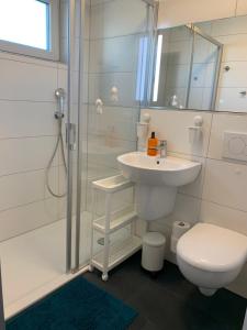 Un baño con ducha, lavabo e inodoro. en Ferienhaus Nordstrand, en Horumersiel