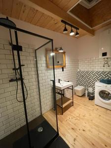 łazienka z umywalką i pralką w obiekcie Apartamenty STONEHENGE w mieście Sosnowiec
