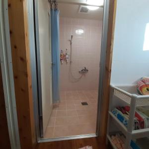 ein Bad mit einer Dusche und einer Glastür in der Unterkunft 民泊まったりん人 in Janadō