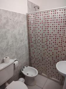 a bathroom with a white toilet and a shower at Departamento Temporario in Resistencia