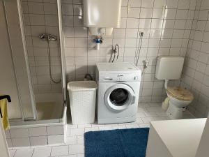 a bathroom with a washing machine and a toilet at Kosumi Apartment in Kolbermoor
