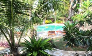 a swimming pool with a bench in a garden at Watamu Villa With Service Personnel in Watamu
