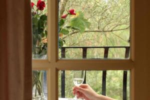 een persoon met een wijnglas voor een raam bij Chez Vous Split Level Balcony Spa Villa 1 in Pokolbin