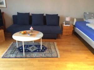 a living room with a blue couch and a table at Dachstudio mit Bad und Terasse in Cologne
