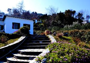 a set of stairs in a garden with flowers at Electra Beach House in Chorefto