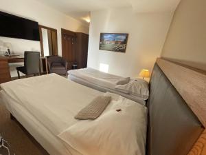 una camera d'albergo con due letti in una stanza di Hotel U Kvapilů a Mnichovo Hradiště