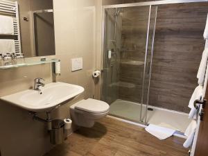 a bathroom with a toilet sink and a shower at Hotel U Kvapilů in Mnichovo Hradiště