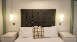 a bed with a black headboard and two lights at Owls Nest in Edinbane
