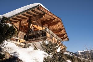uma cabana de madeira na neve com neve em Ferienhaus Haus Gilfert em Pill