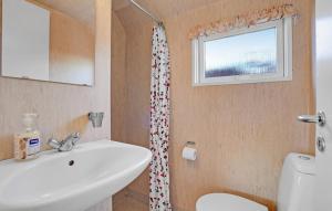 a bathroom with a sink and a toilet and a window at Toftum Bjerge Camping & Cottages in Humlum
