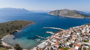 an aerial view of a harbor with boats in the water at Aeginia 2 in Perdika