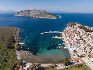 an aerial view of a small island in the water at Aeginia 2 in Perdika