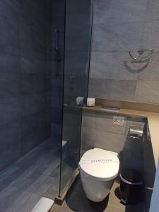 uma casa de banho com um WC e uma cabina de duche em vidro. em Dionysos Central em Pafos