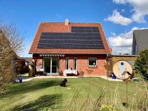 un chien assis devant une maison dotée de panneaux solaires dans l'établissement Ferienhaus Elisenhuus, à Tönning