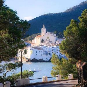 vista su un villaggio su un fiume con chiesa di Casas del Mar a Cadaqués