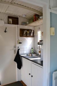 a small kitchen with a sink and a counter at Pipowagen Lent in De Pas