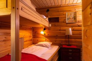 una camera con letto a castello in una baita di tronchi di Hakkesetstølen Fjellstugu a Geilo