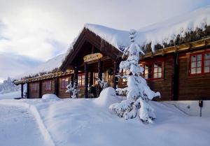 a snow covered tree in front of a log cabin at Hakkesetstølen Fjellstugu in Geilo