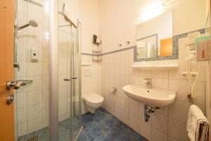 ein Badezimmer mit Waschbecken, Toilette und Dusche in der Unterkunft Berggasthof Hotel Duftbräu I Ruhige Alleinlage I Mitten im Grünen in Samerberg