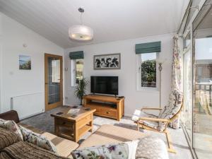 a living room with a couch and a tv at Meadow Lodge in Plymouth