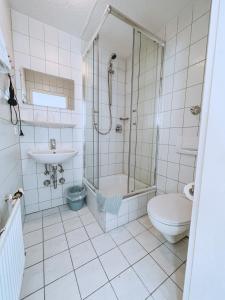 a bathroom with a toilet and a shower and a sink at Hotel Schwarzach am Main in Schwarzach am Main