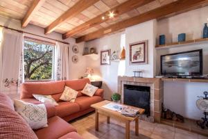 ein Wohnzimmer mit Couch und Kamin in der Unterkunft Fontxica in El Port