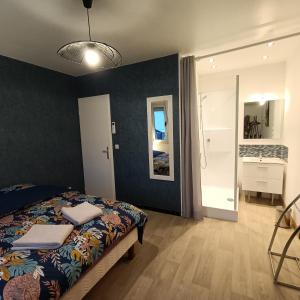 1 dormitorio con 1 cama y baño en Aux Portes du Petit Bois en Sainte-Marie-la-Blanche