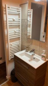 La salle de bains est pourvue d'un lavabo blanc et d'un miroir. dans l'établissement Marina'home, à Ajaccio
