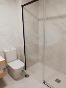 a bathroom with a toilet and a glass shower at Apartamento Playa de Covas in Viveiro +12 photos