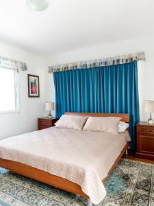 1 dormitorio con 1 cama con cortina azul en Kamerlingh Villa en Oranjestad