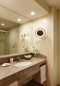 uma casa de banho com um lavatório e um espelho em Windsor Guanabara Hotel no Rio de Janeiro