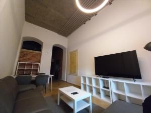 sala de estar con TV de pantalla plana grande en Entrez Apartments 4 - City centre en Košice