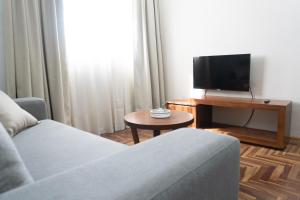 羅薩里奧的住宿－Mediterráneo Hotel y Spa，带沙发和电视的客厅