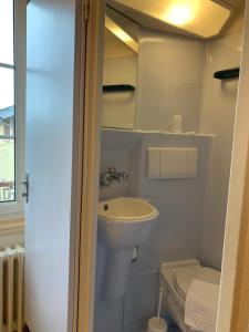 La petite salle de bains est pourvue de toilettes et d'un lavabo. dans l'établissement Les Charmilles, à Poligny