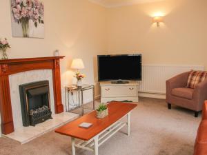 sala de estar con chimenea y TV de pantalla plana en Glen Helen en Telford