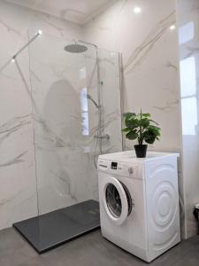 a washing machine in a bathroom with a shower at BOA LISBOA 3 bedroom spacious apartment in Lisbon