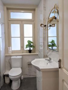 a bathroom with a toilet and a sink and a mirror at BOA LISBOA 3 bedroom spacious apartment in Lisbon