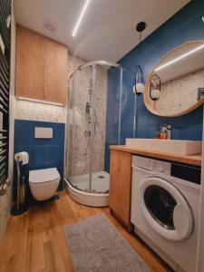 La salle de bains est pourvue d'une douche et d'un lave-linge. dans l'établissement Taskovic Apartment, à Ljubljana