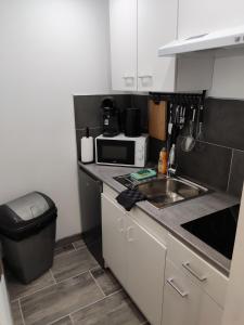 una pequeña cocina con fregadero y microondas en Studio plein pied, en Hérin