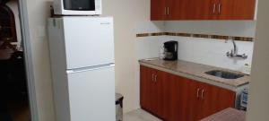 a kitchen with a white refrigerator and a microwave at Maradela in La Paloma